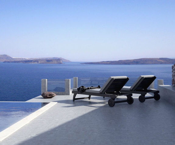 Grand Ambassador Santorini Hotel Infinity Honeymoon Cave Suite balcony pool and sunbeds