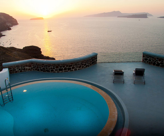 Grand Ambassador Santorini Hotel Serenity Two Bedroom Suite balcony, pool and sunbeds